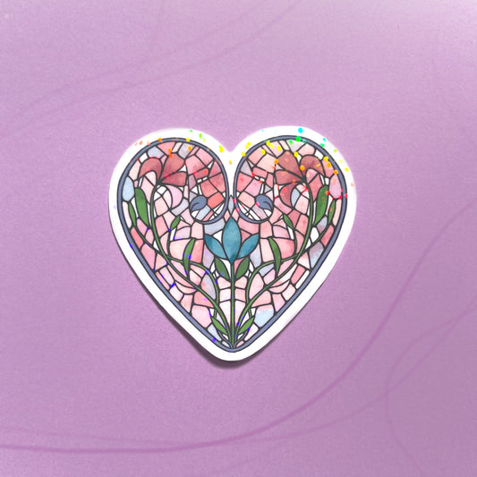Stained glass heart holographic vinyl sticker with colorful shimmer