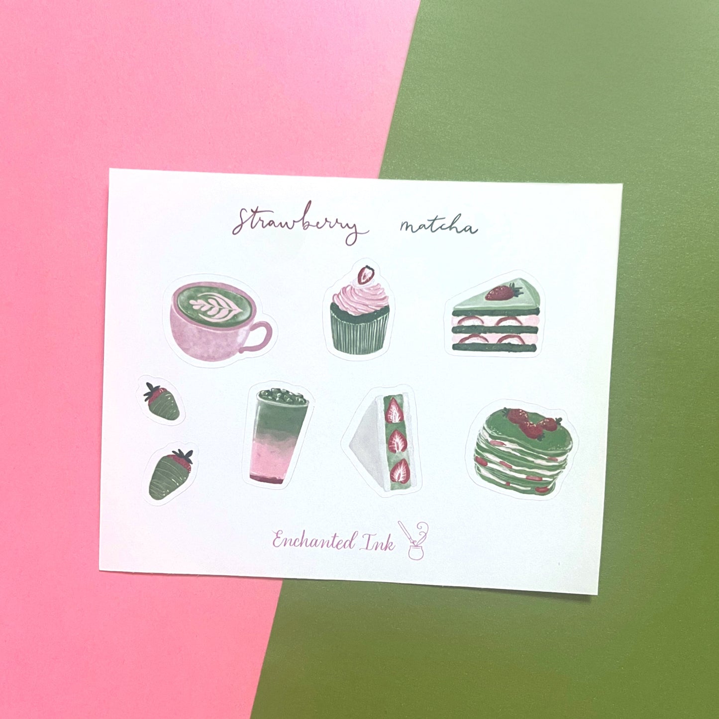 Strawberry matcha watercolour sticker sheet with cozy food illustrations
