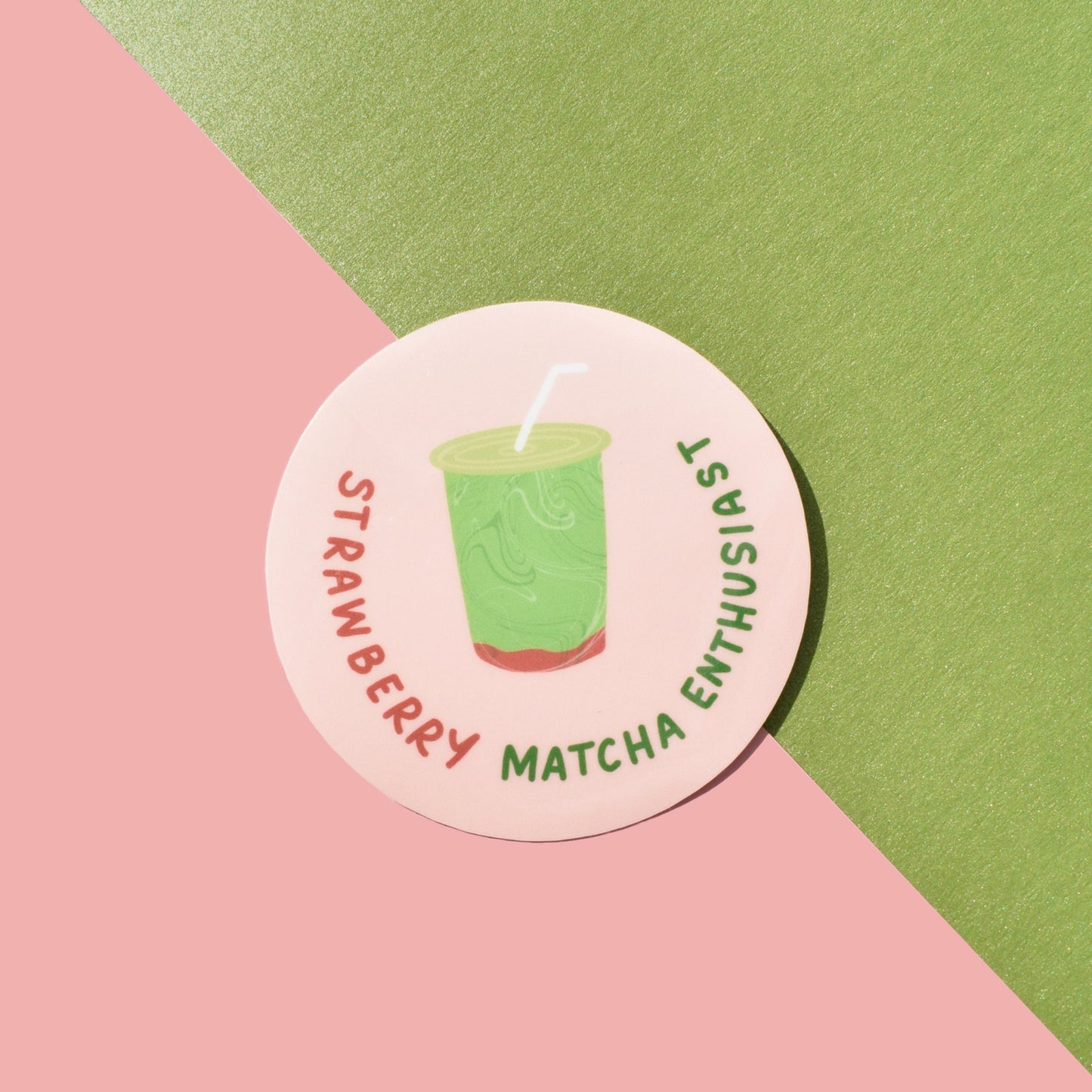 Strawberry matcha vinyl sticker with cute café aesthetic