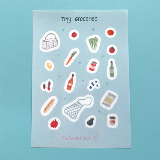 Tiny groceries clear sticker sheet with miniature food illustrations