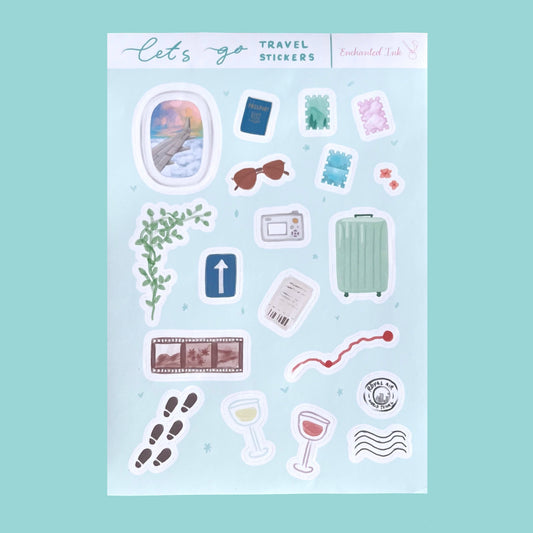 Travel sticker sheet with suitcases tickets and stamps