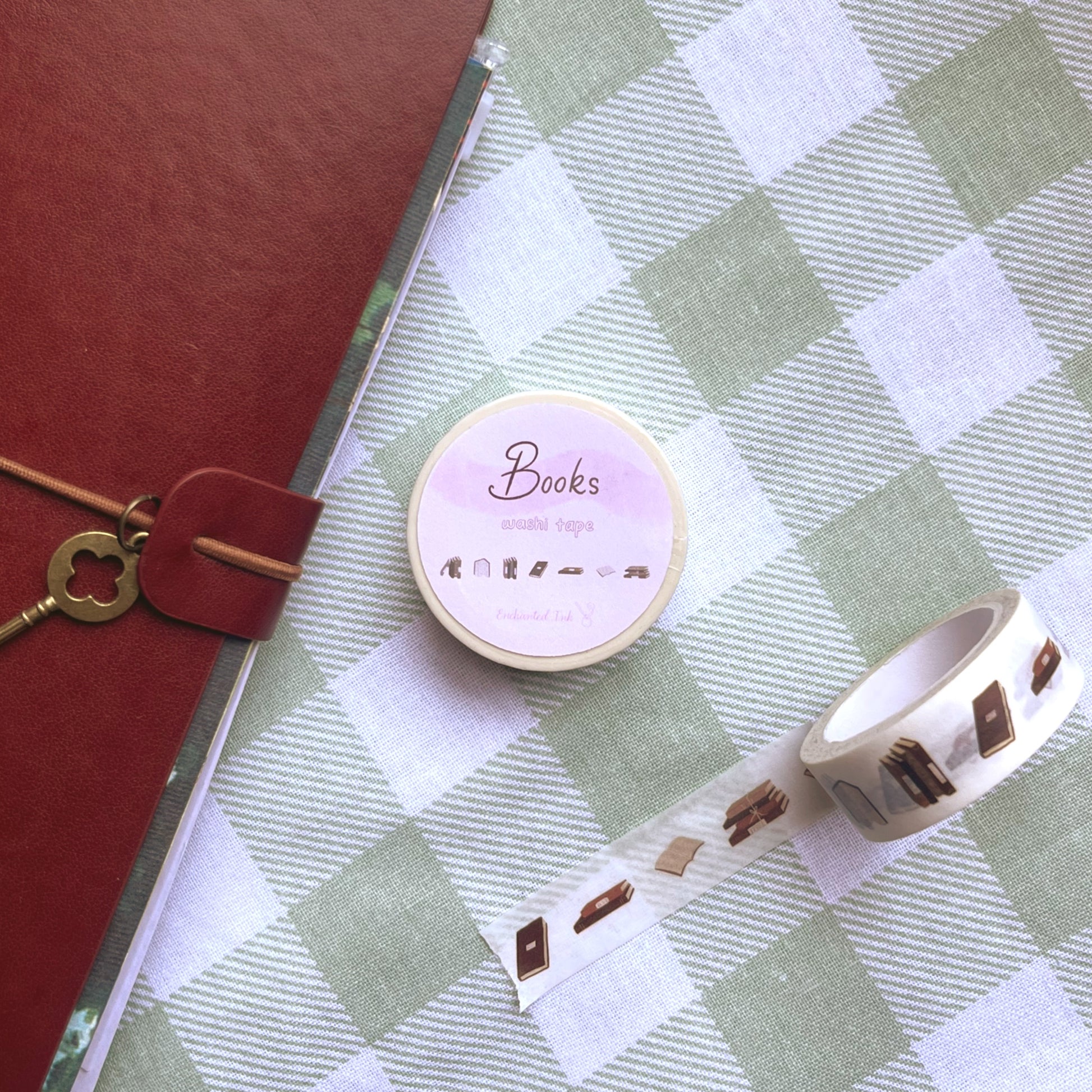 Vintage books washi tape with book-themed illustrations for journaling and stationery
