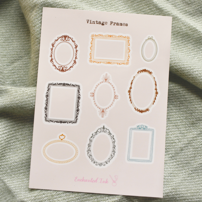 Vintage frame stickers on clear sticker sheet with antique ephemera designs