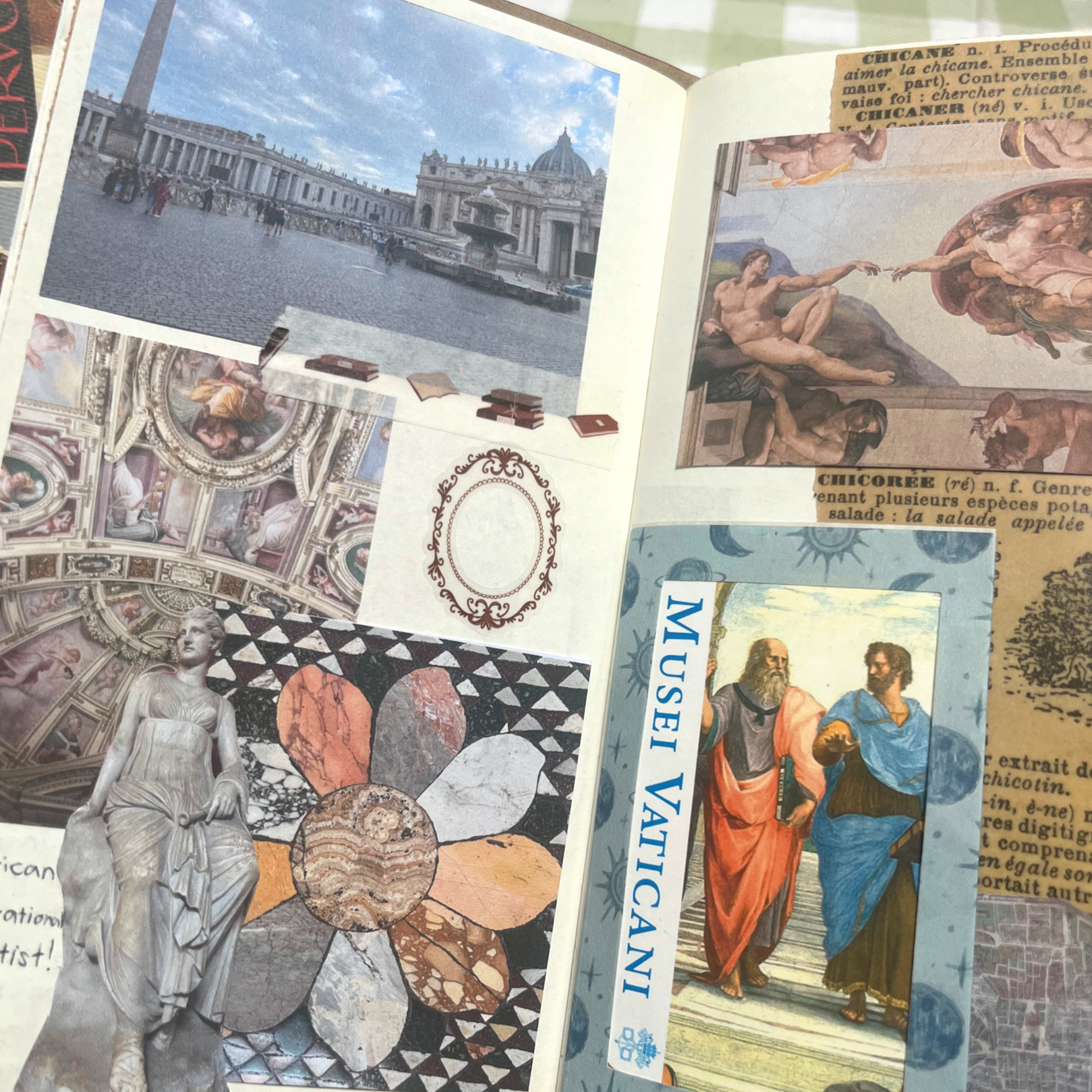 Vintage frame stickers used in a junk journal collage spread