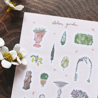 Close-up of botanical watercolour stickers on matte paper