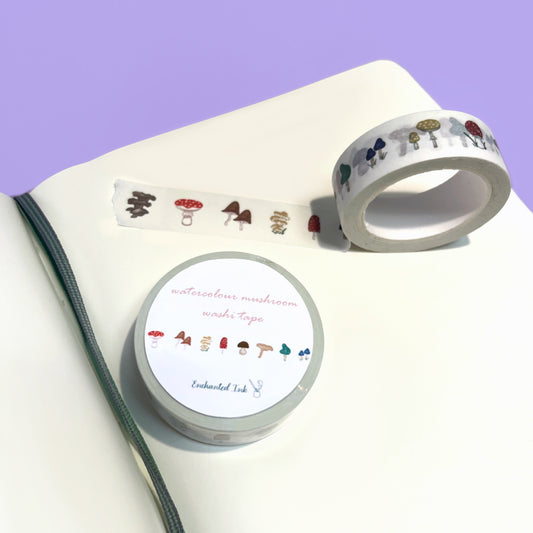 Watercolour mushroom washi tape with cottagecore aesthetic