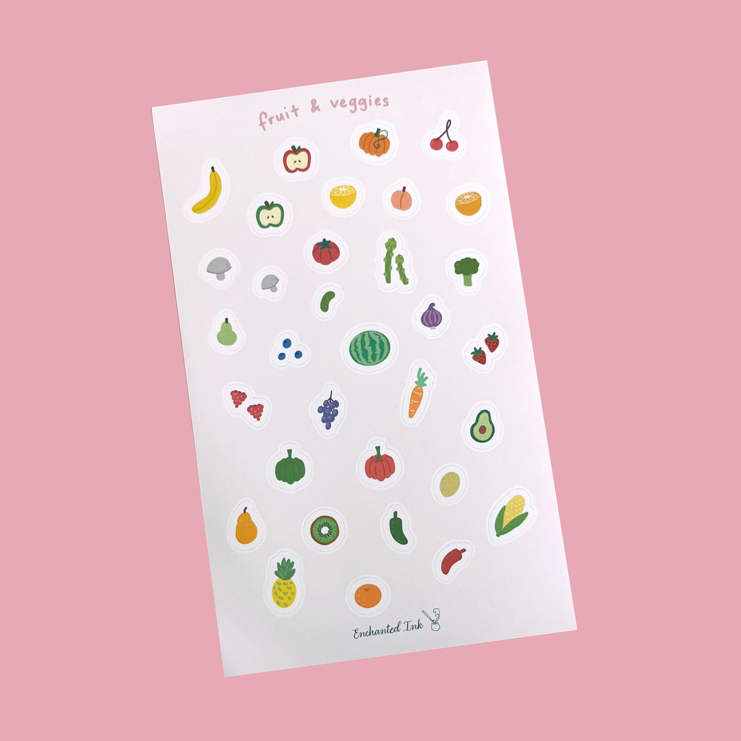 Whimsical Fruit & Veggie Matte Vinyl Sticker Sheet | Cute Grocery Stickers