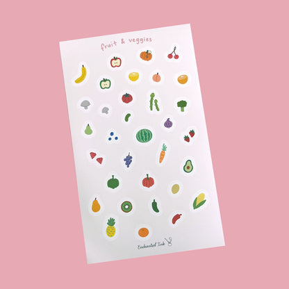 Whimsical Fruit & Veggie Matte Vinyl Sticker Sheet | Cute Grocery Stickers