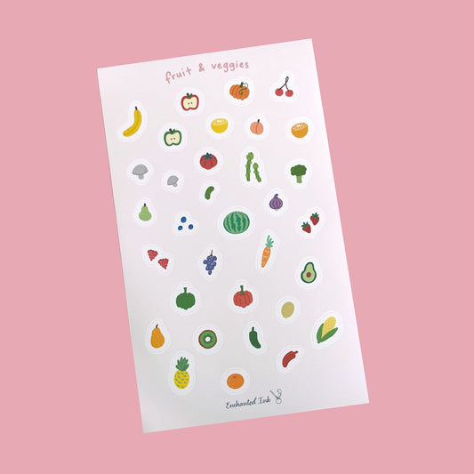 Whimsical Fruit & Veggie Matte Vinyl Sticker Sheet | Cute Grocery Stickers
