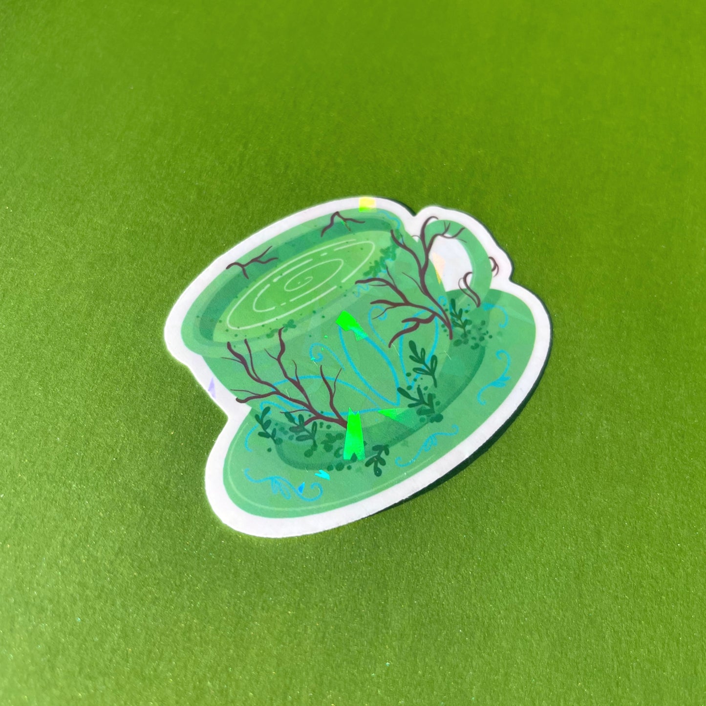 Witchy tea holographic vinyl sticker with cottagecore aesthetic