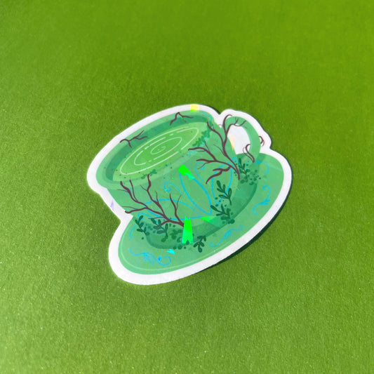 Witchy tea holographic vinyl sticker with cottagecore aesthetic