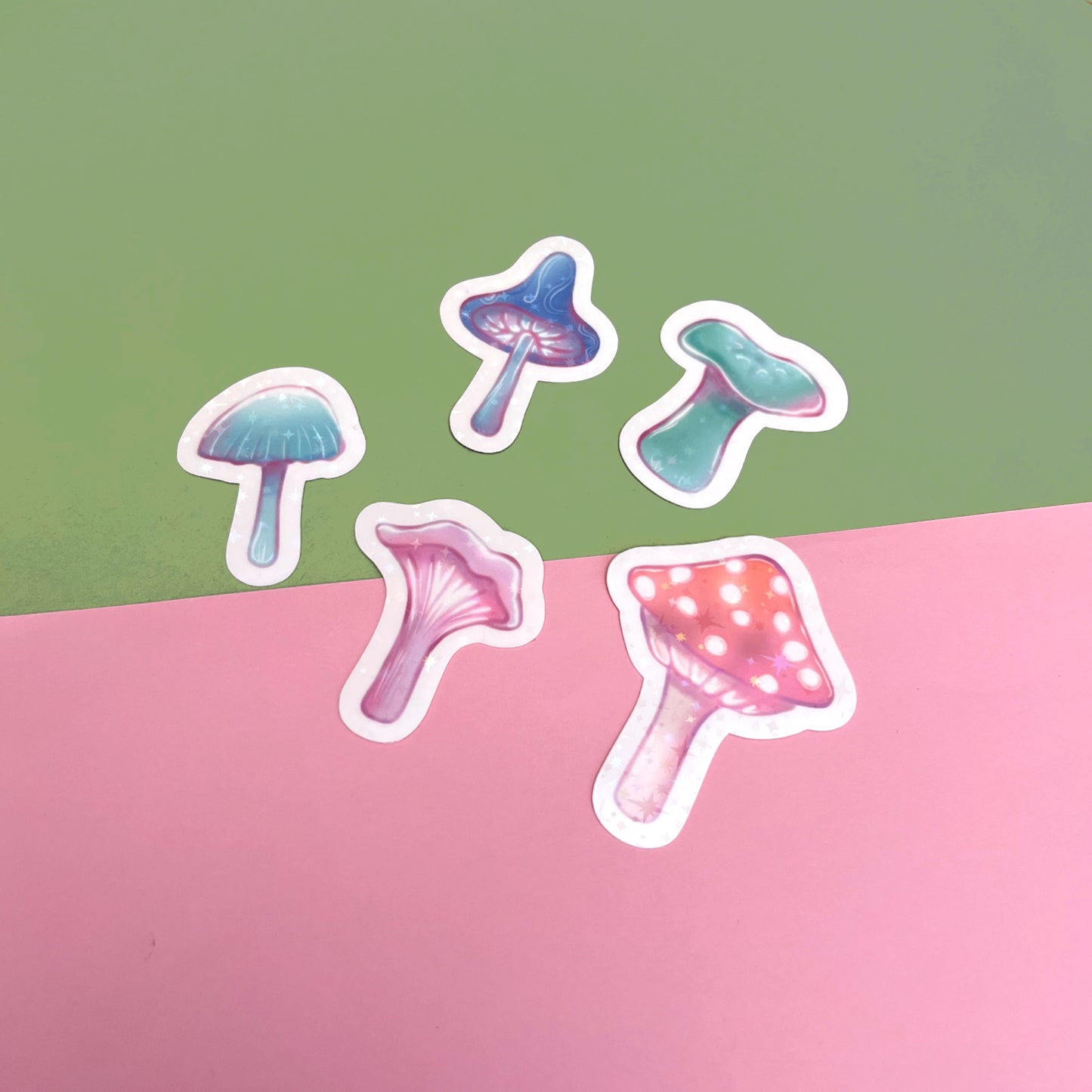 Close-up of fantasy mushroom vinyl stickers showing detailed magical woodland illustrations